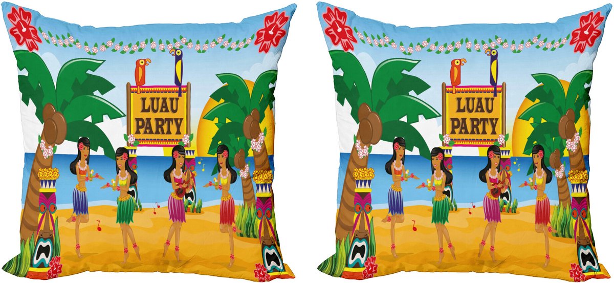 ABAKUHAUS Tiki Bar Sierkussenhoes Set van 2, Luau Feest-Tanz, Modern Accent Dubbelzijdige Digitale Print, 60x60, Meerkleurig