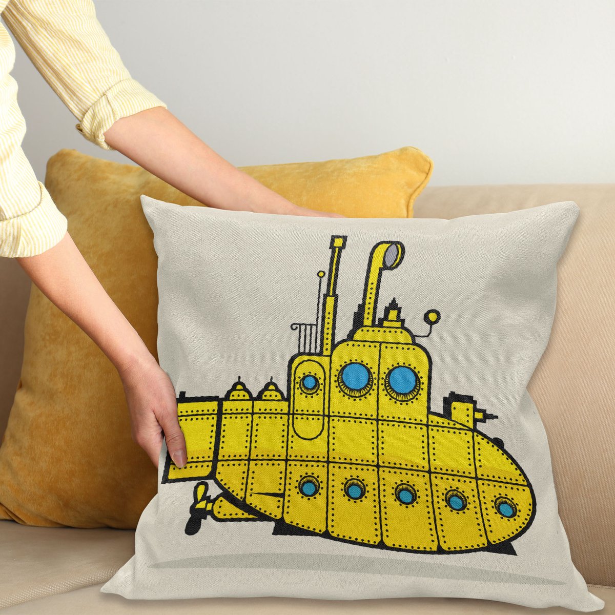 ABAKUHAUS Gelbes U-Boot Kussenhoes, Grunge-Stijl, Water- en Vuilafstotend, Wasbaar, Dubbelzijdige Print met Ritssluiting, 45 x 45 cm, Geel Grijs Blauw