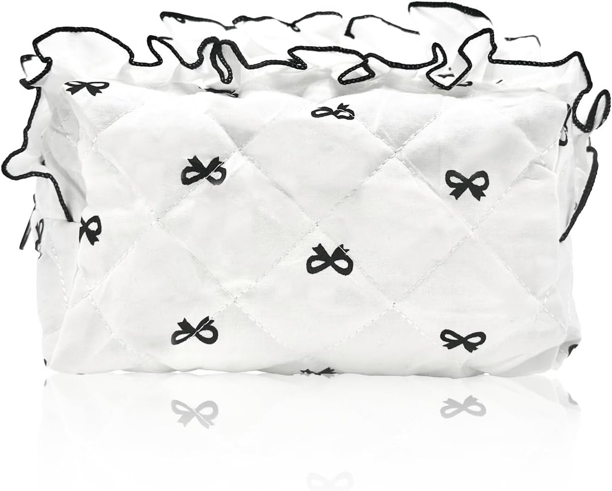 Tas met schattige stropdas, katoen, gewatteerd, geruit, gevoerd, met ritssluiting, voor dames en meisjes, kawaii, reis-cosmeticatas, zwart, kanten slijpen