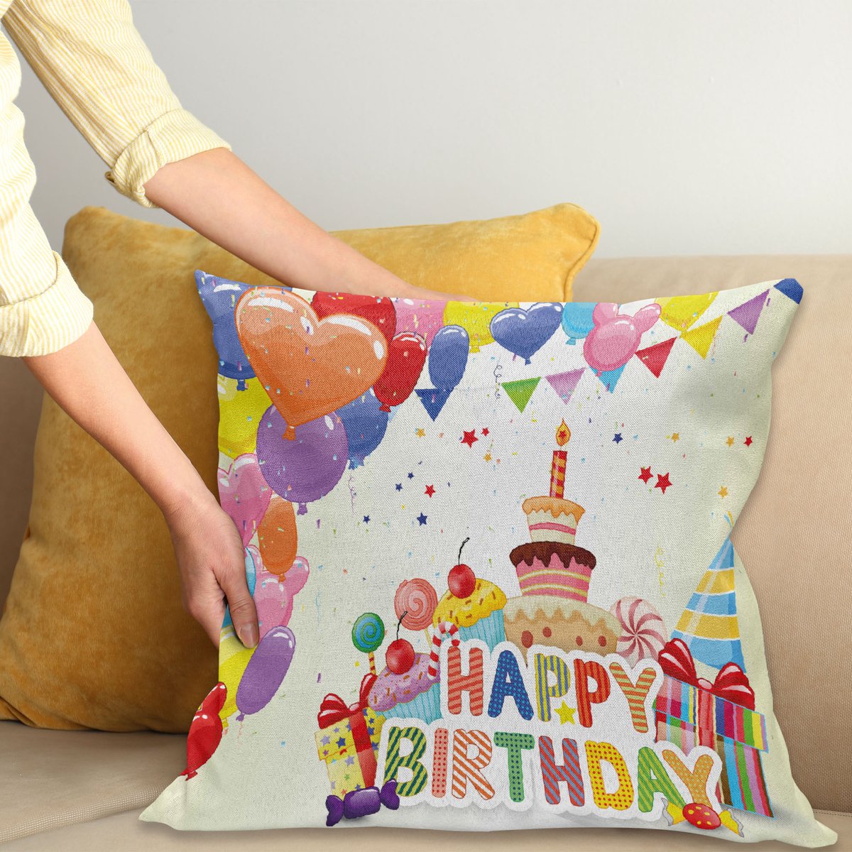 ABAKUHAUS Kleurrijk Kussenhoes, Hart Grappige Cupcakes, Van Kleurechte Wasbare Stof, Dubbelzijdige Print met Stevige Ritssluiting, 50 x 50 cm, Meerkleurig