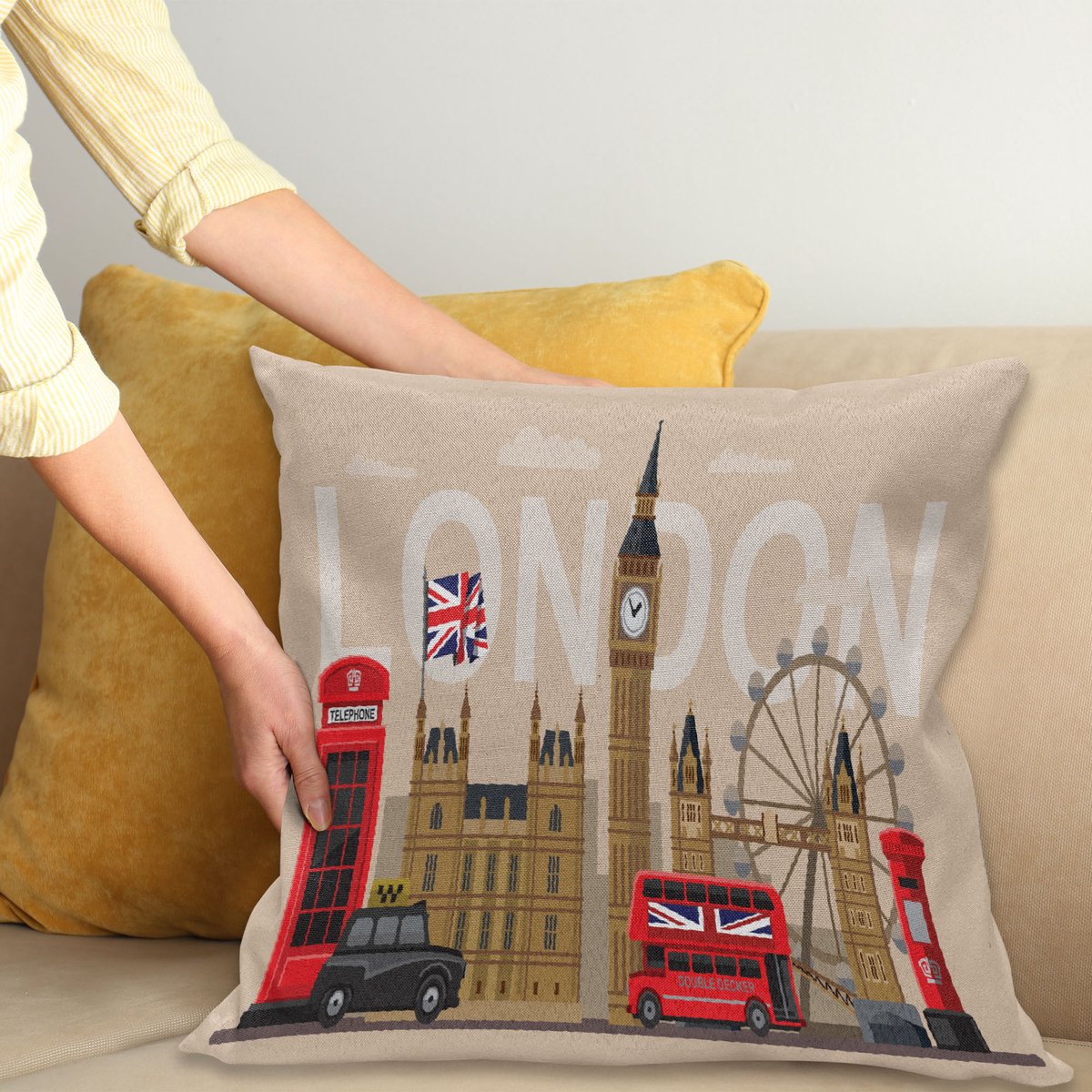 ABAKUHAUS London Kussenhoes, Großbritannien Sehenswürdigkeiten, Digitale Print, Waterbestendig, Kleurecht, Wasbare Kussenhoes met Ritssluiting, 60 x 60 cm, Meerkleurig