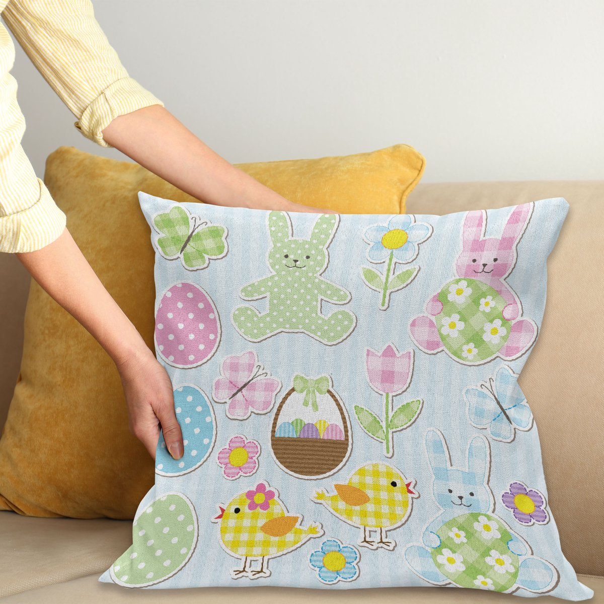 ABAKUHAUS Ostern Kussenhoes, Licht Nursery Hasen, Wasbare Kleurechte Kussenhoes met Digitale Dubbelzijdige Print en Ritssluiting, 50 x 50 cm, Meerkleurig