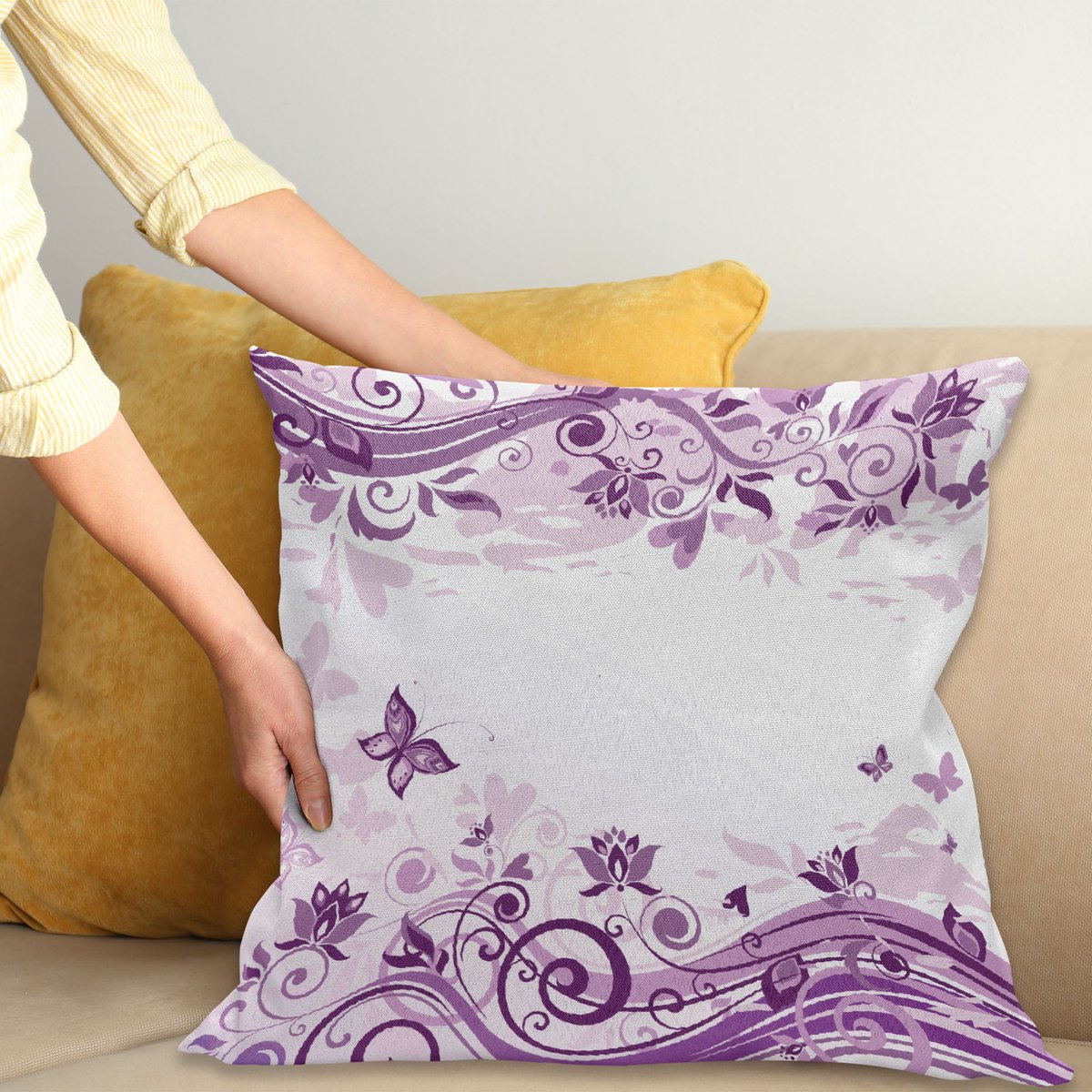 ABAKUHAUS Mauve Sierkussenhoes, Vintage Stijl Bloemen Violet Takken en Wervelingen Valentine's Dag Thema Romance Ontwerp, Decoratieve Vierkante Sierkussenhoes, 20" X 20", Lilac