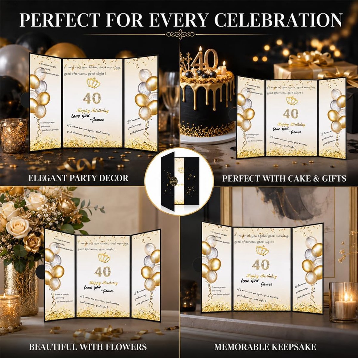 Wenskaart Verjaardag met cijfers, Vouwkaart Beschrijfbaar, Elegant Ontwerp Goud Zwart, Decoratie met Ballon en Lint