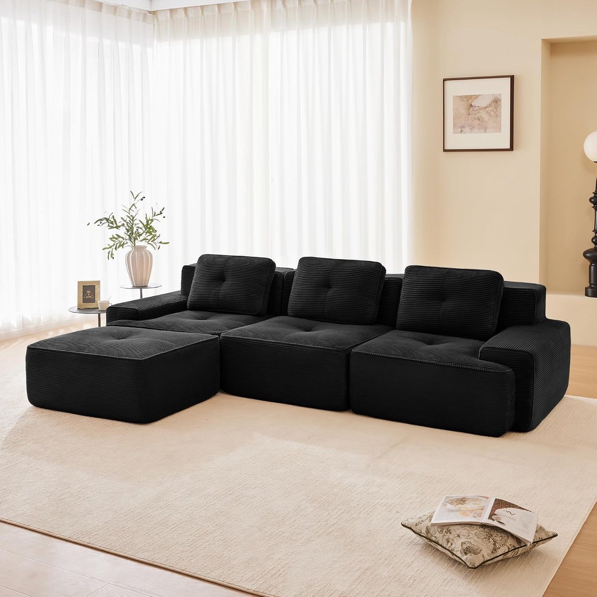Modulaire bank, modern, voor in de woonkamer, met een zitdiepte van 74 cm, van velours, gevoerd, wolkvormig, voor in de woonkamer, zwart, 3 S + 1