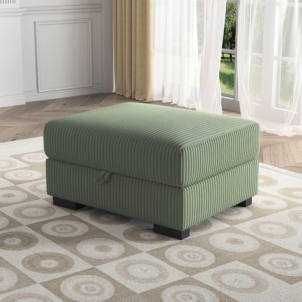 Poef met opbergruimte, kleine opvouwbare zitbank, 87 x 68 x 45 cm, voetenbank, opbergdoos, voor woonkamer, slaapkamer, hal, corduroy, groen