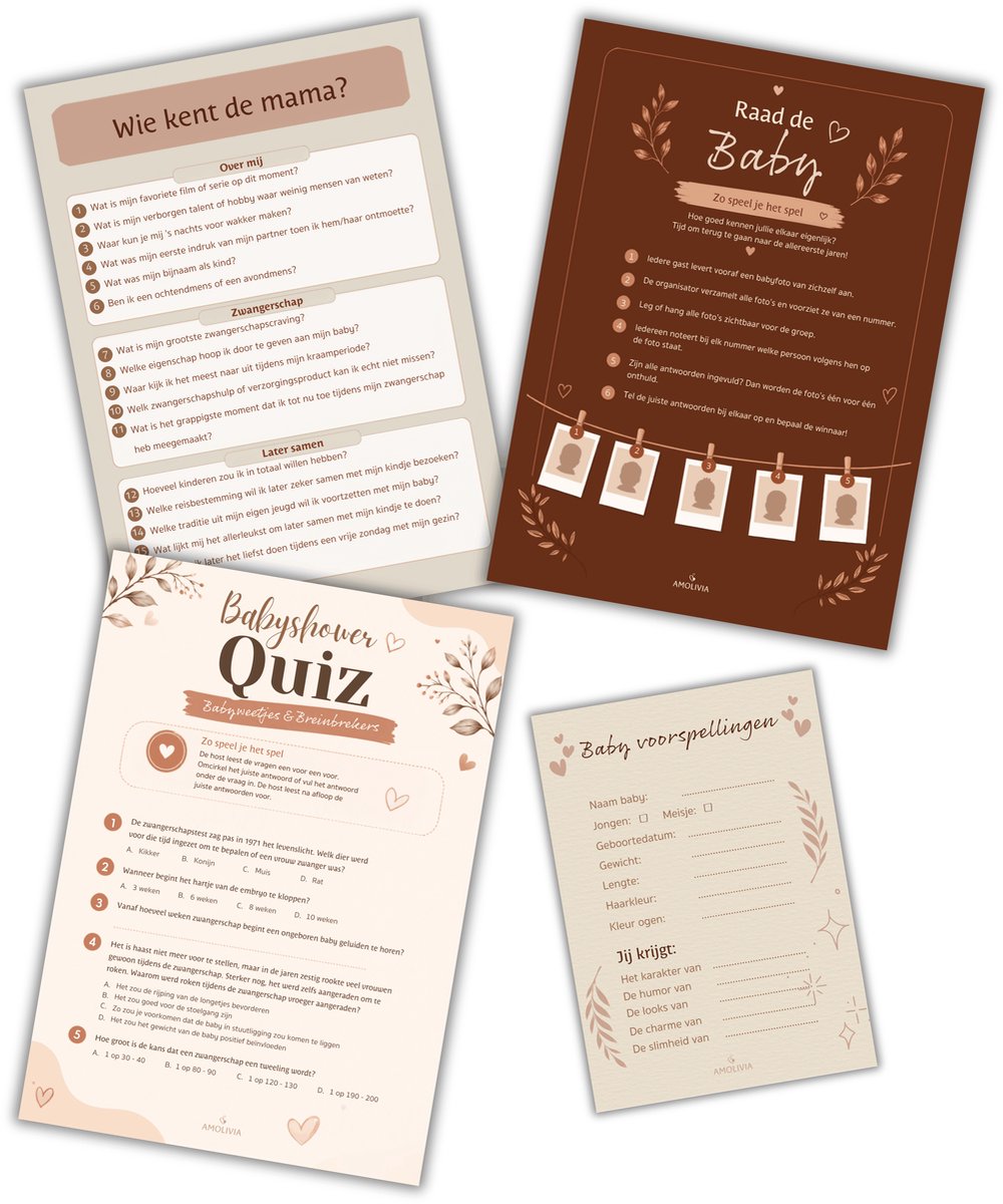 Amolivia Babyshower Spelletjes - Set van 4 - Babyshower Invulkaarten
