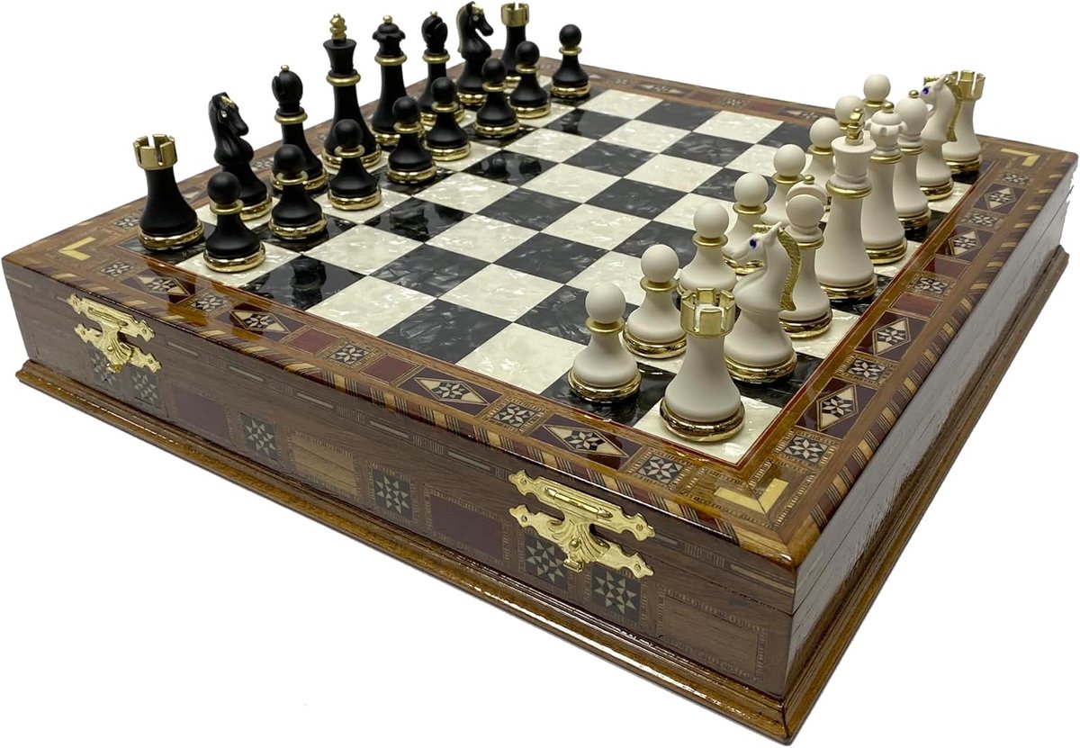 Crafts 16,5 inch grote schaakset voor volwassenen - luxe schaakstukken met 2 extra koninginnen en houten schaakbord met mozaïekdetails (zwart)