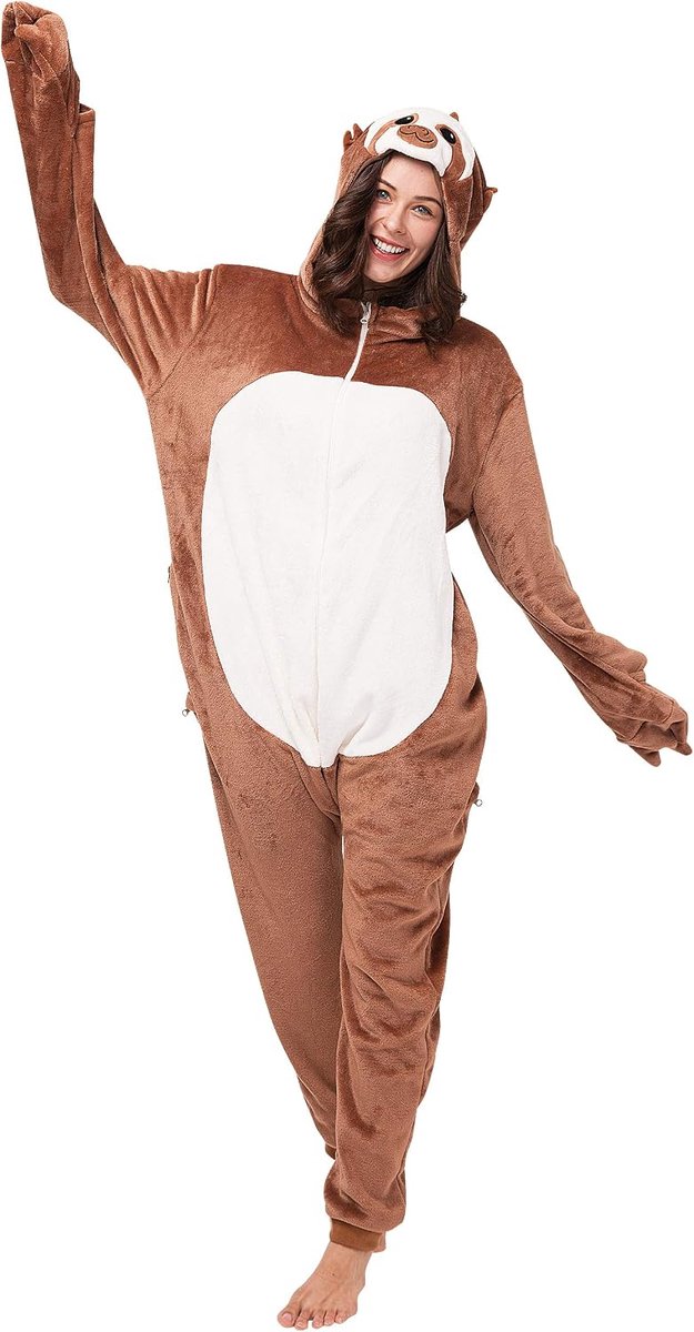 Corimori Henry de luiaard onesie jumpsuit voor dames en heren, maat 180-190 cm, bruin-crème