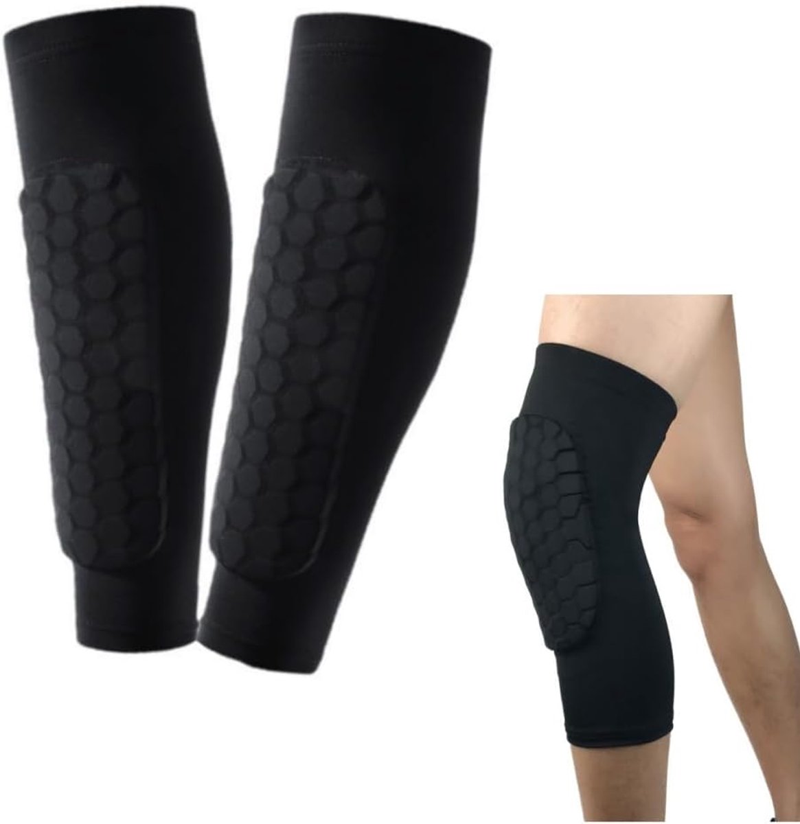 Scheenbeschermers, 1 paar lange scheenbeschermers, voetbal heren, ademend, licht, geschikt voor alle groepen, kuitbescherming voor voetbal, basketbal, fietsen, klimmen (S)