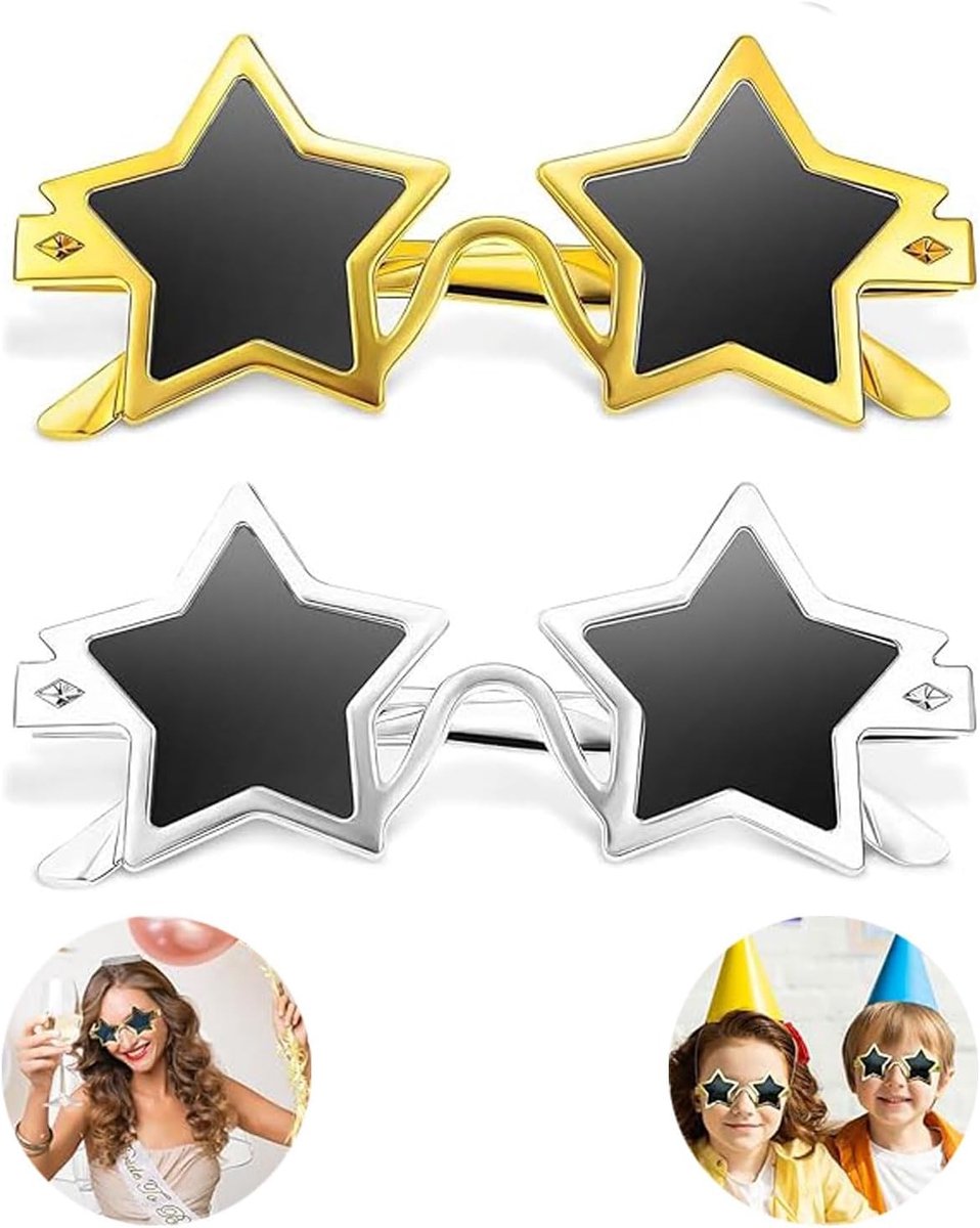 Brillen in stervorm - Jaren 80-stijl - Goud- en zilverkleur - Feestaccessoires, Kerstmis en Fotomaton - Grappig Kostuum voor Kinderen en Volwassenen - Licht en Duurzaam