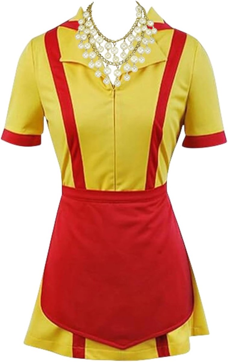 Black Caroline Broke meisjeskostuum, waitress, kostuum, meisje, Franse meid, outfit, rood, geel, bankroet, zussen, jurk, Halloween, carnaval