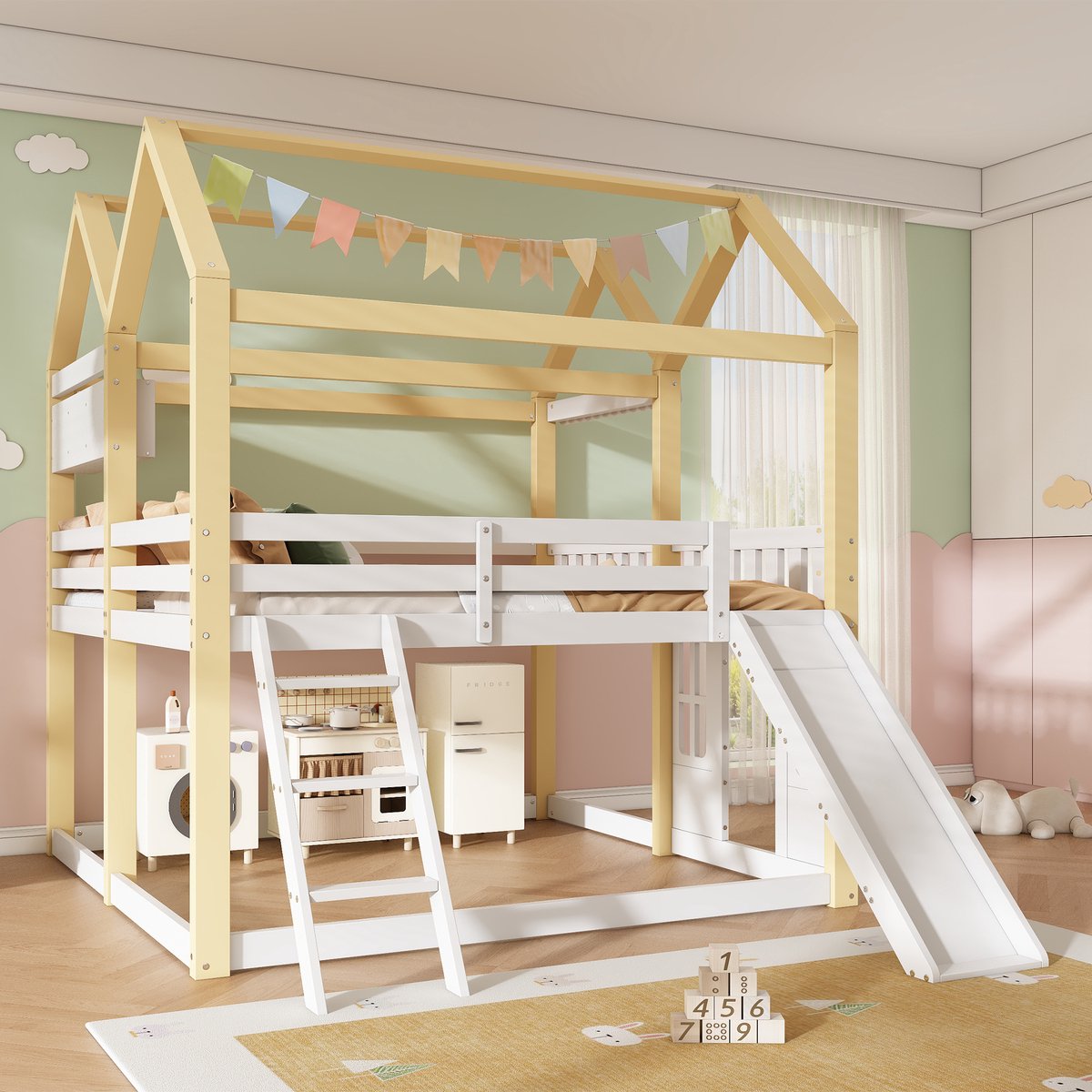 Zubaliya Halfhoog huisbed 90 x 200 cm - met glijbaan en verwisselbare ladder - wit en naturel