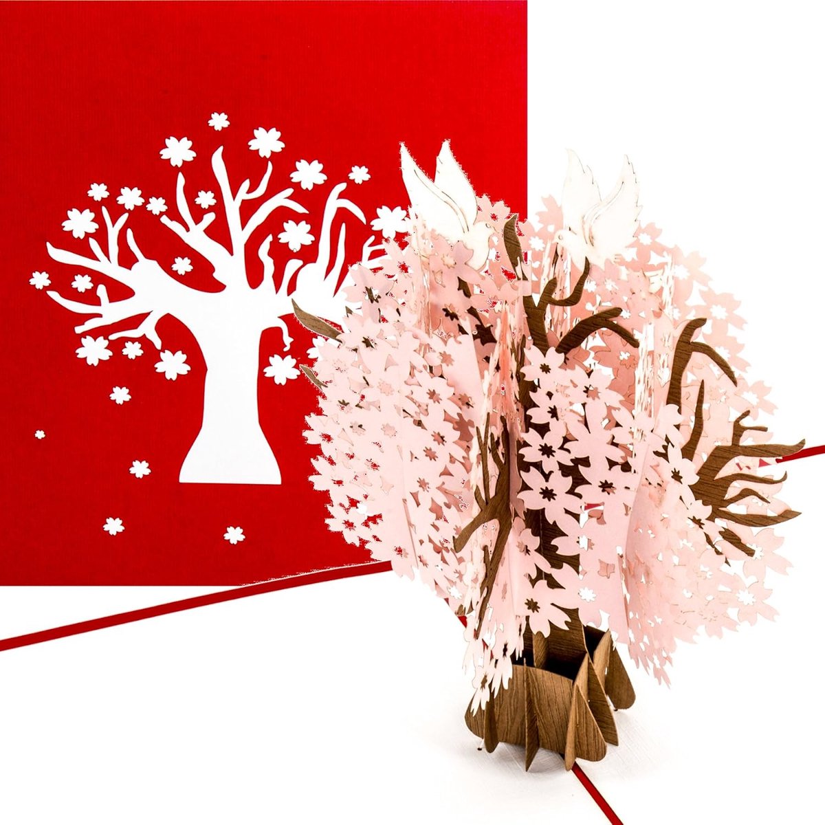 "kersenbloesems - duiven op kersenboom" 3D verjaardagskaart & wenskaart voor bruiloft & verloving - als uitnodigingskaart & trouwkaart, verlovingskaart & Valentijnskaart