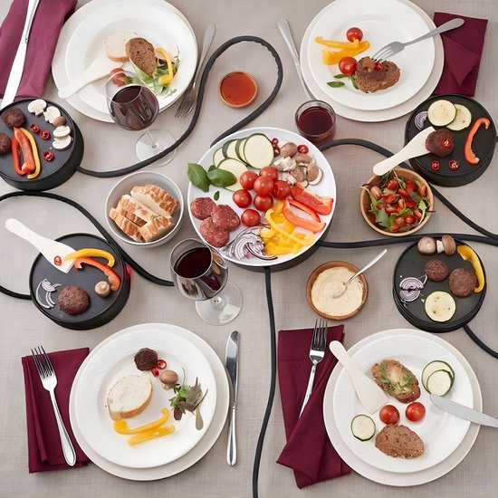 Gourmetstel voor 4 Personen - Grill & Bakplaat - inclusief Serveerschaal en 4 Spatels - Vaatwasserbestendig - PFAS-vrij - Compleet Gourmetstel - Gourmetset - Raclettegrill - Stapelbaar - 4 Individuele Bakplaten - Ø16 cm - 1200 W - Zwart — afbeelding 4
