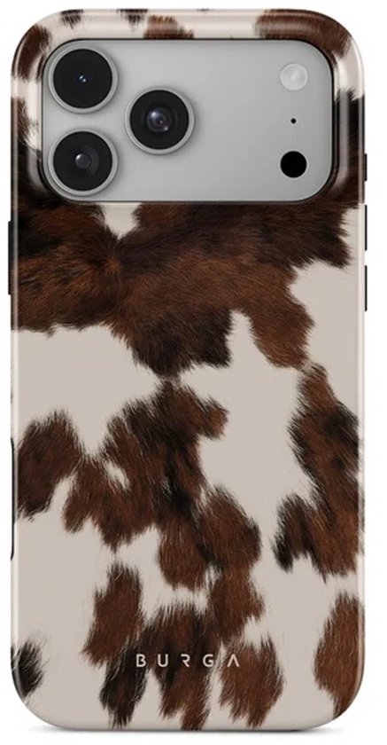 Telefoonhoesje met koeienhuidprint, met het Burga logo aan de onderkant.