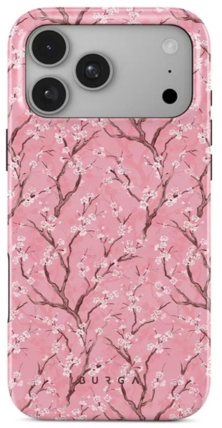 Roze telefoonhoes met een patroon van bloeiende kersenbloesems op takken.
