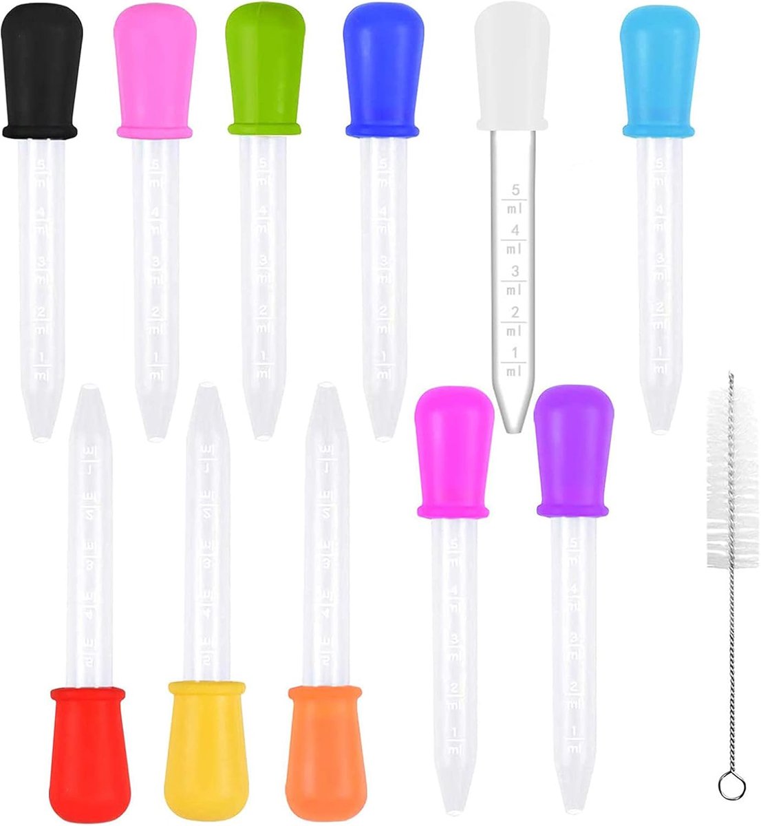 druppelaar, 11 stuks plastic vloeibare druppelaar + 1 stuks reinigingsborstel 5 ml siliconen oogdruppelaars met schaal pipet vloeibare overdracht dispenser pipetten voor snoep mallen