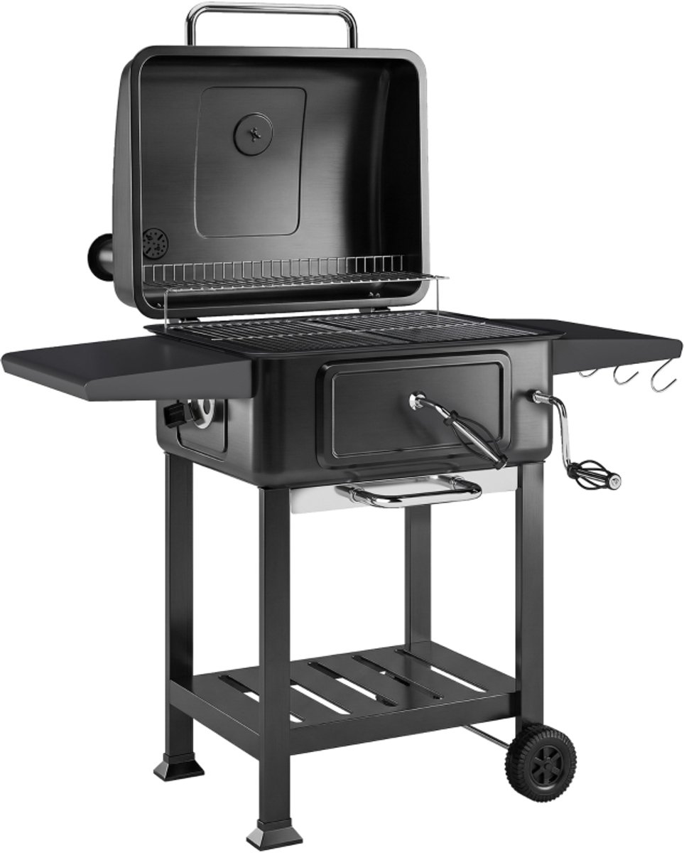 Barbecuegrill, 112×65×115 cm, zwart metaal, houtskoolgrill, buitengrill, stabiel en duurzaam, praktisch en mooi, geschikt voor terrassen, tuinen en buitenbarbecues.