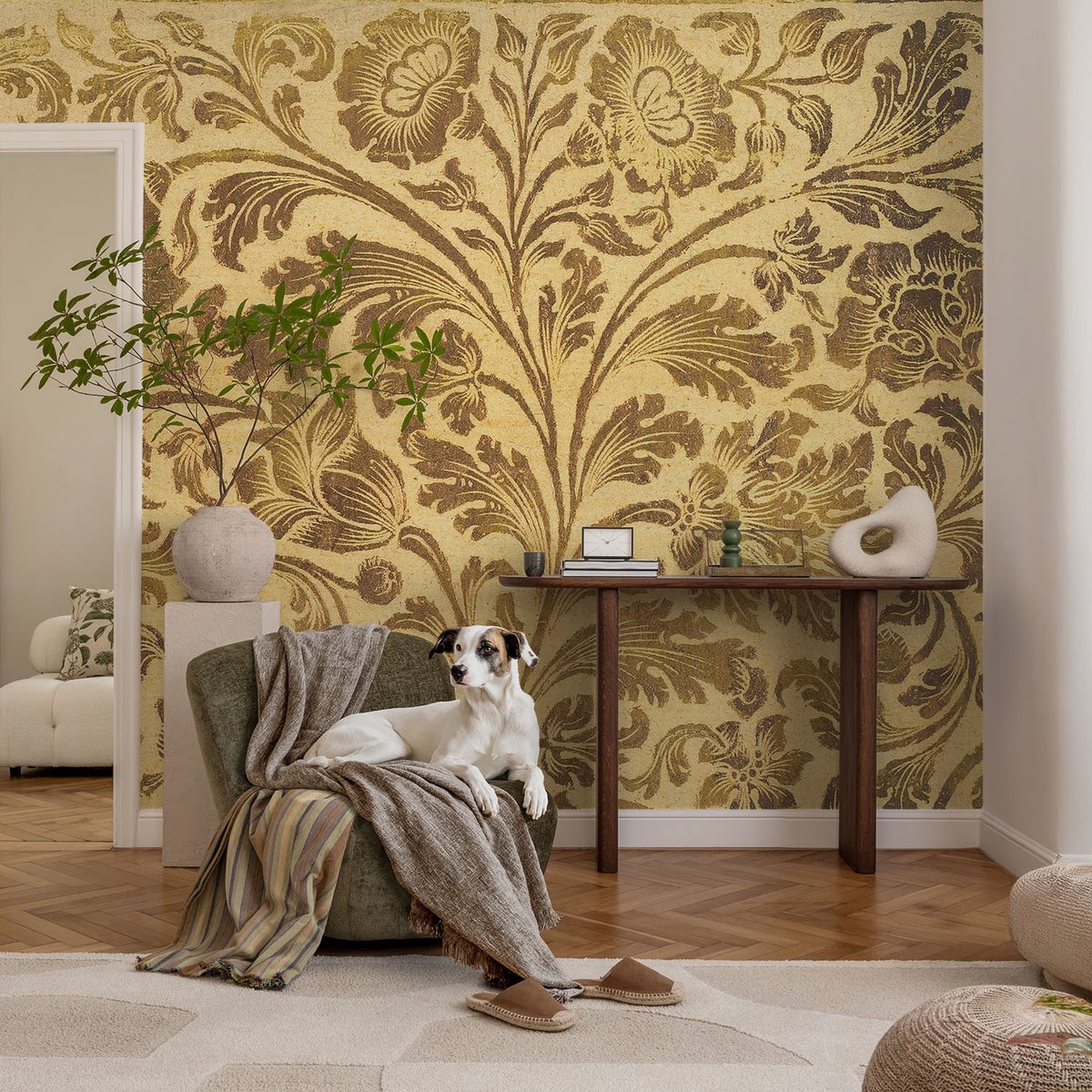 Coloray Vliesbehang - Geel Snellijm Behang - 104x70 cm - Bloemenpatroon Fotobehang Vlies - Hal behang Achtergronden En Patronen - Muurschildering - Woonkamer behang