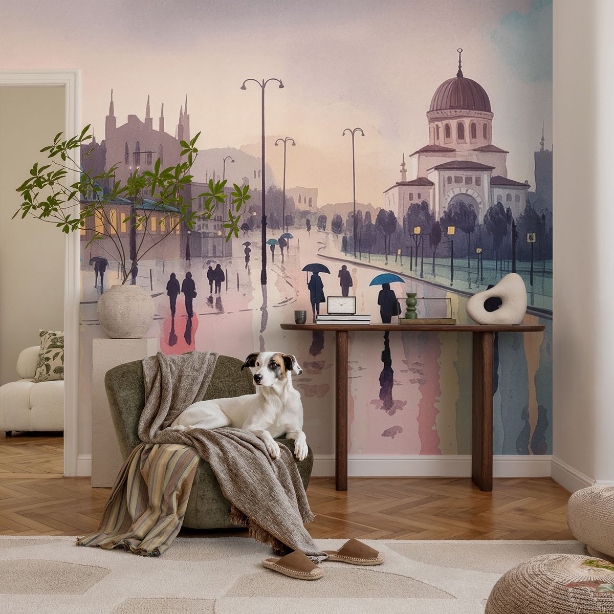 Coloray Vliesbehang - Blauw Snellijm Behang - 104x70 cm - Een Regenachtige Wandeling Muurschildering - Gang behang Steden - Fotobehang Vlies - Slaapkamer behang