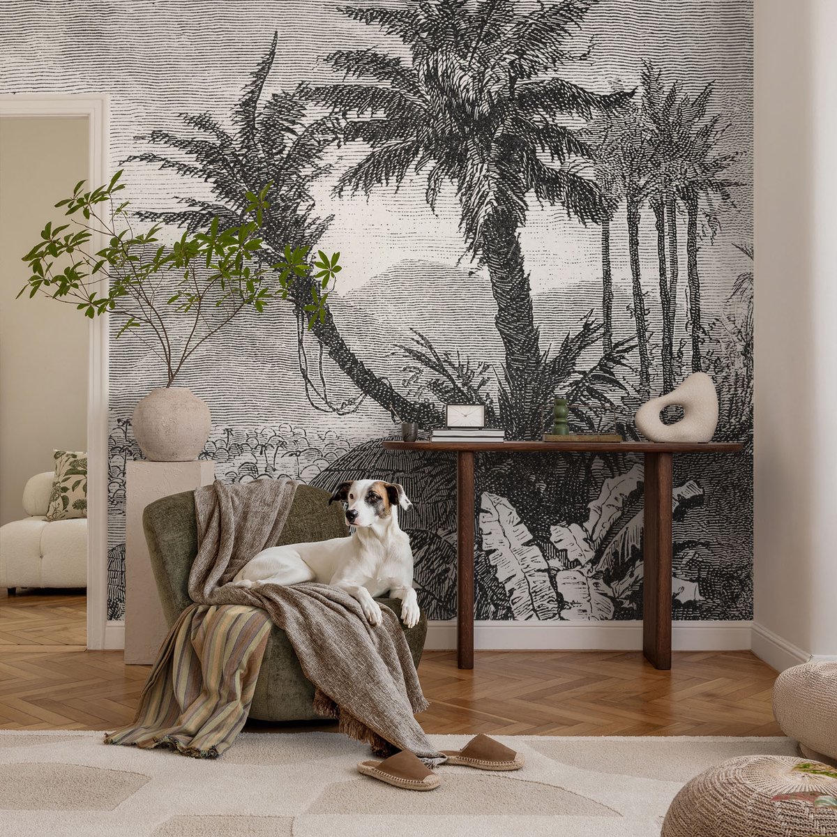 Coloray Vliesbehang - Zwart-Wit Snellijm Behang - 104x70 cm - Tropische Oase Muurschildering - Slaapkamer behang Landschappen - Fotobehang Vlies - Gang behang