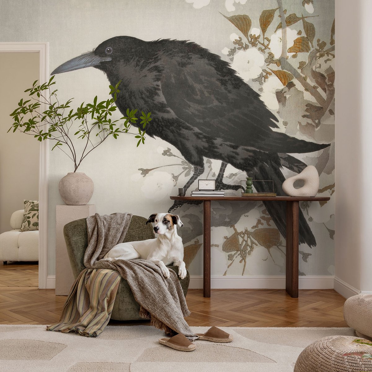 Coloray Vliesbehang - Zwart Snellijm Behang - 104x70 cm - Raaf In De Bloemen Muurschildering - Slaapkamer behang Dieren - Fotobehang Vlies - Slaapkamer behang