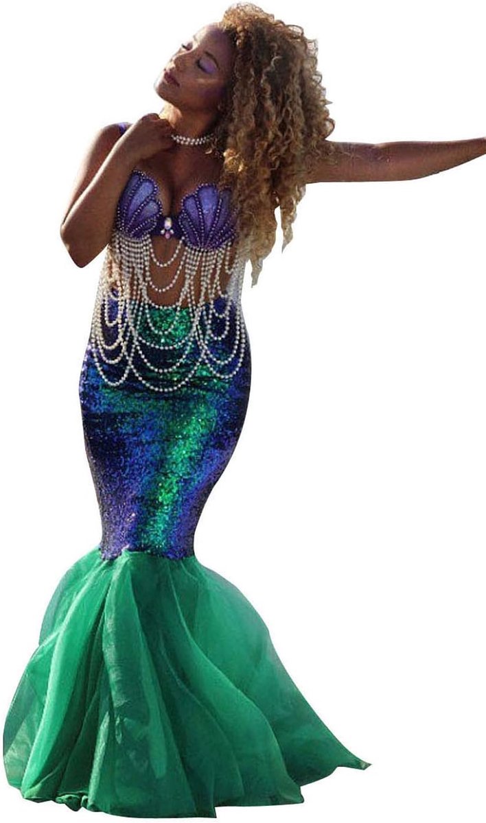Zeemeerminnenkostuum voor dames, paillettenrok, maxi-lang, voor verkleden, zeemeermin cosplay, Halloween, carnaval, podium