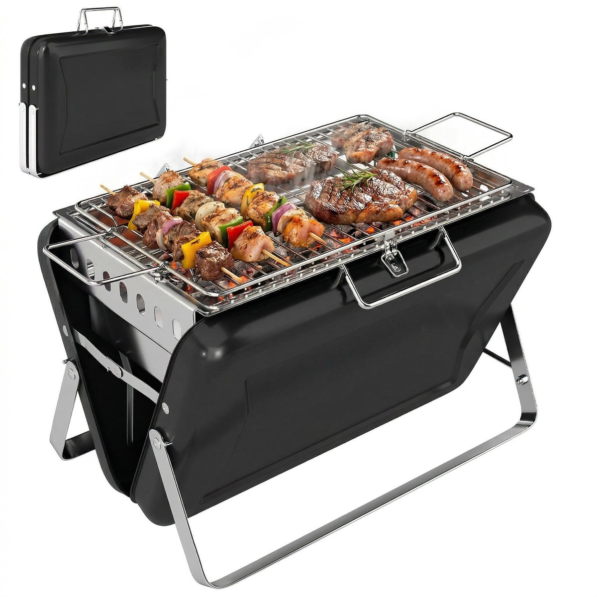 Roestvrijstalen houtskoolgrill/barbecue met grillrooster-handvat en inklapbare poten voor barbecueën en kamperen-40x28x25,5 cm-zwart