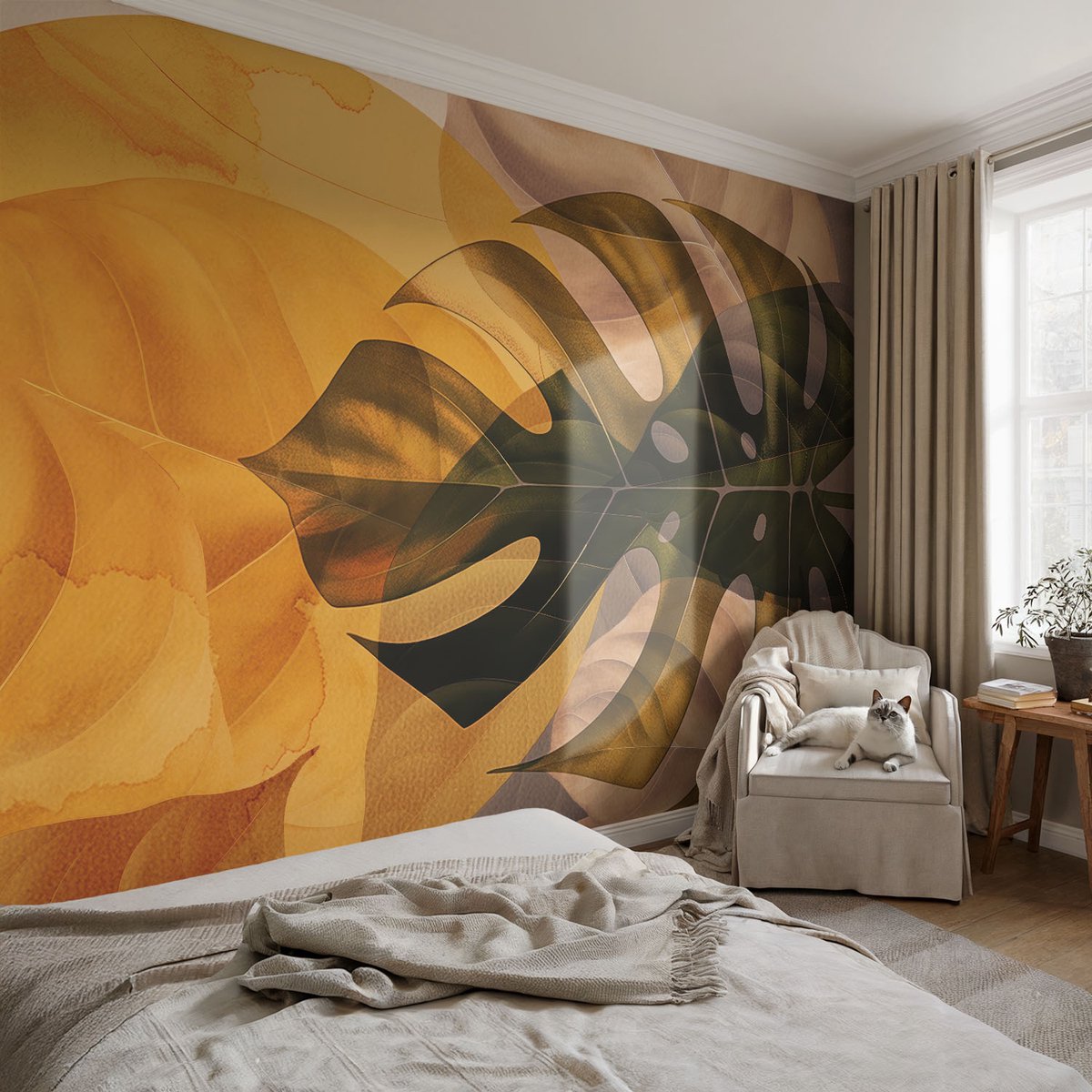 Coloray Vliesbehang - Oranje Snellijm Behang - 104x70 cm - Abstracte Bladeren Fotobehang Vlies - Woonkamer behang Bloemen En Planten - Muurschildering - Woonkamer behang