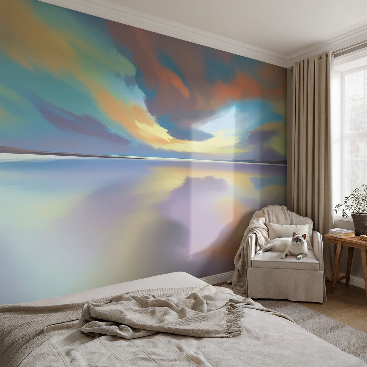 Coloray Vliesbehang - Blauw Snellijm Behang - 104x70 cm - Regenboogzonsondergang Muurschildering - Slaapkamer behang Landschappen - Fotobehang Vlies - Slaapkamer behang