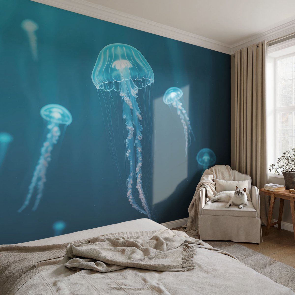 Coloray Vliesbehang - Blauw Snellijm Behang - 104x70 cm - Maritieme Elegantie Fotobehang Vlies - Woonkamer behang Dieren - Muurschildering - Woonkamer behang