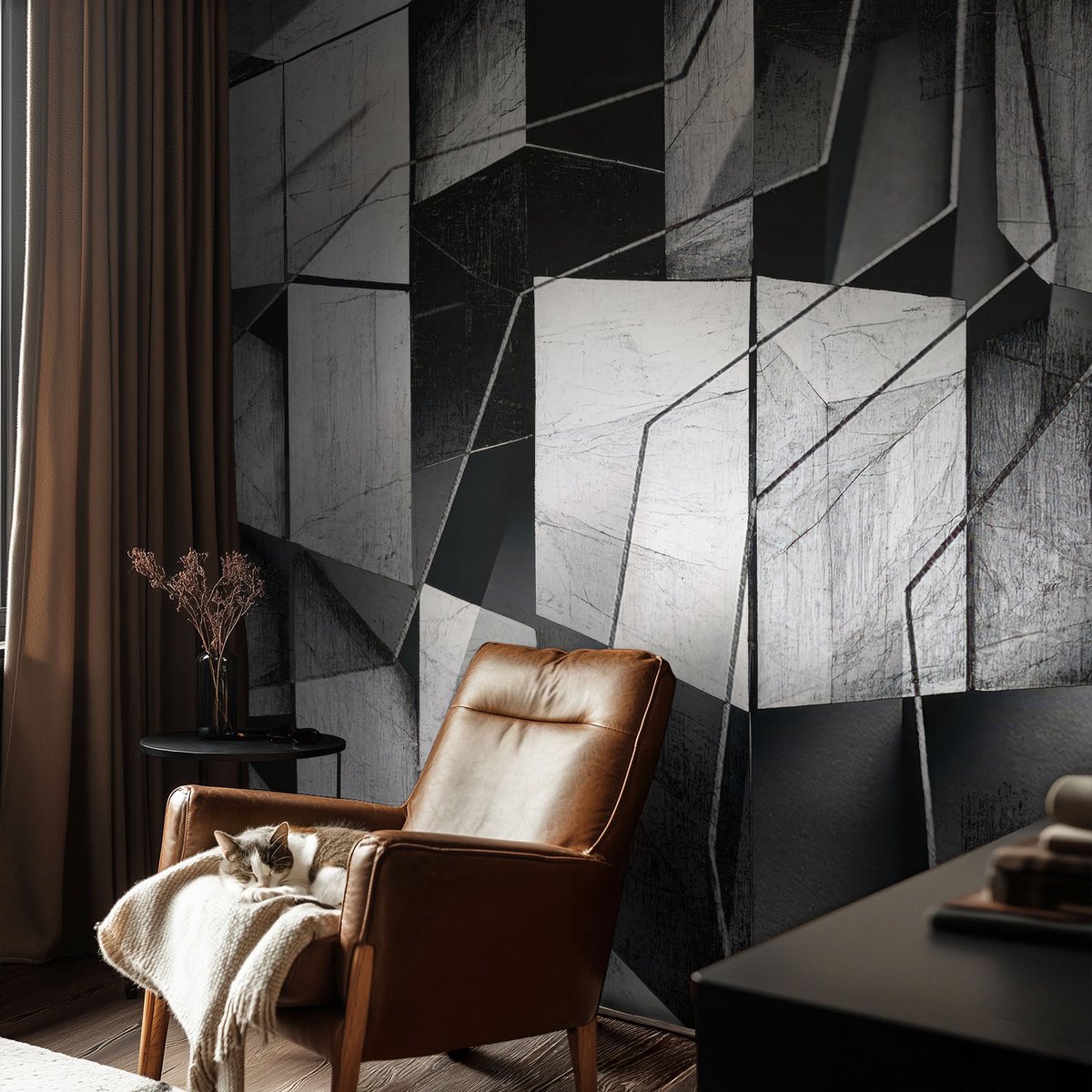 Coloray Vliesbehang - Zwart-Wit Snellijm Behang - 104x70 cm - Geometrische Abstractie Fotobehang Vlies - Hal behang Geometrie - Muurschildering - Woonkamer behang