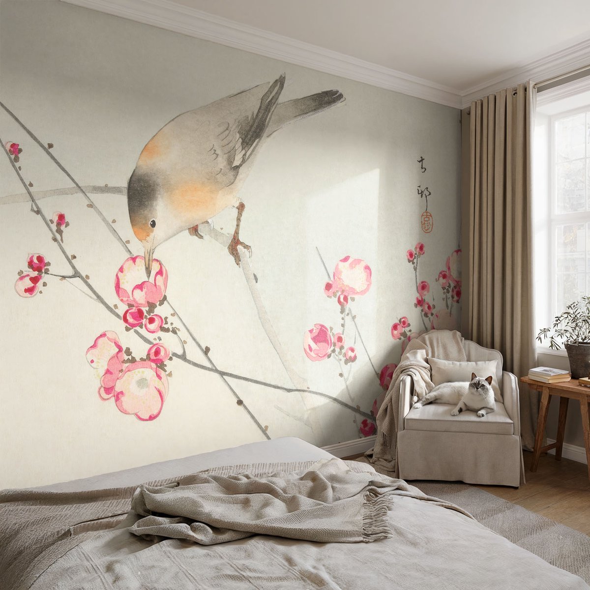 Coloray Vliesbehang - Zwart Snellijm Behang - 104x70 cm - Bloemvogel Muurschildering - Gang behang Bloemen En Planten - Fotobehang Vlies - Gang behang