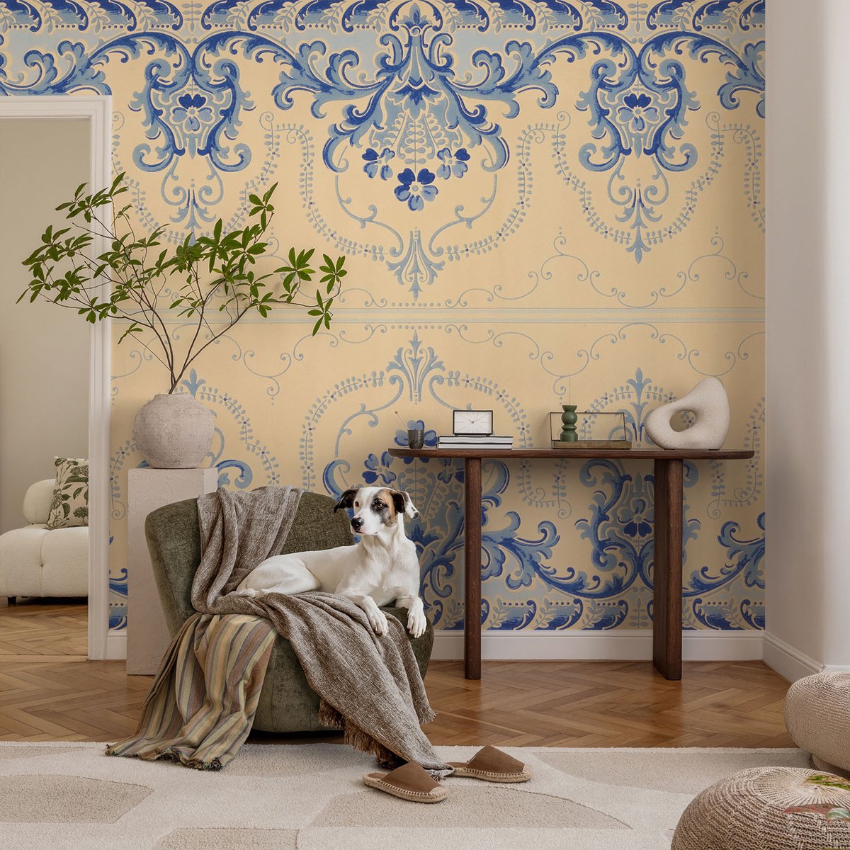 Coloray Vliesbehang - Beige Snellijm Behang - 104x70 cm - Blauwe Ornamenten Fotobehang Vlies - Hal behang Achtergronden En Patronen - Muurschildering - Woonkamer behang