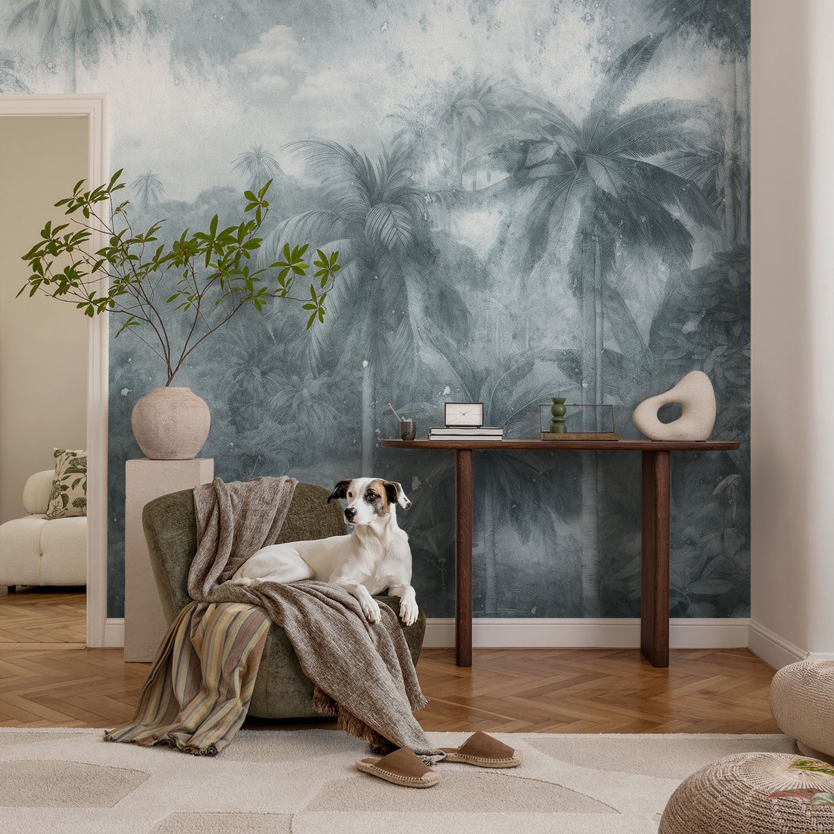 Coloray Vliesbehang - Grijs Snellijm Behang - 104x70 cm - Tropische Vegetatie Muurschildering - Gang behang Bloemen En Planten - Fotobehang Vlies - Slaapkamer behang