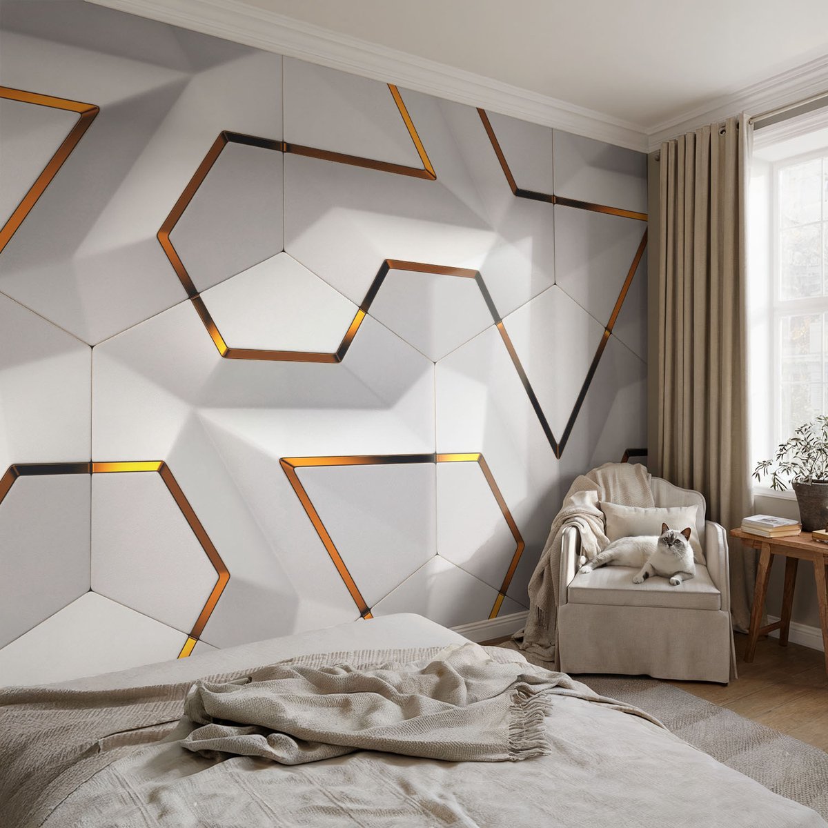 Coloray Vliesbehang - Wit Snellijm Behang - 104x70 cm - Moderne Geometrie Muurschildering - Gang behang Geometrie - Fotobehang Vlies - Slaapkamer behang
