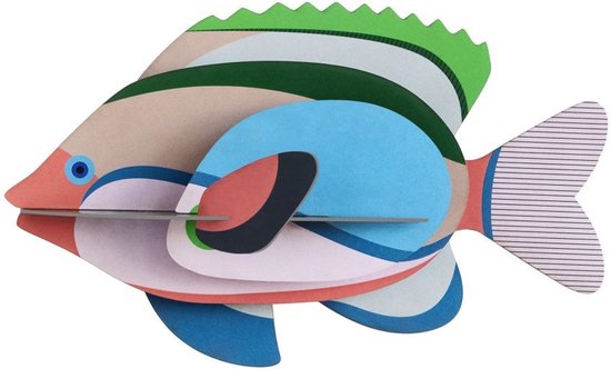Visdecoratie in pasteltinten, groen, blauw en rood. Gestreepte staartvin.