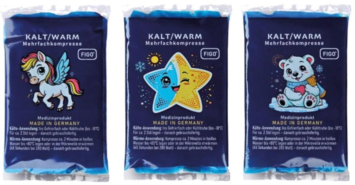 Figo 3 x Kinder cold/hot pack 8,5 × 14,5 cm – Herbruikbaar – Gelkompres Koud/Warm – 3 Stuks