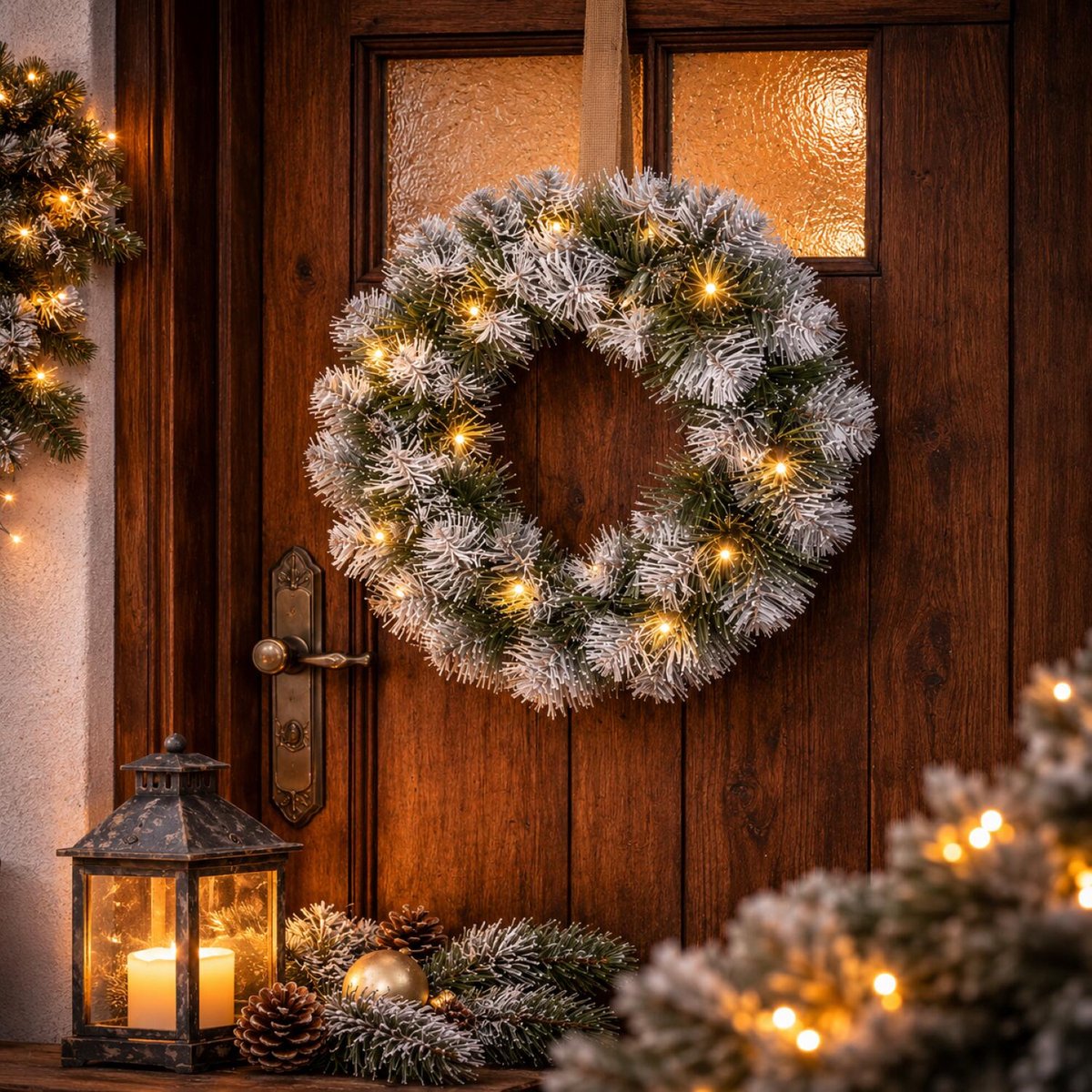 Black Box Kerstkrans - D35 cm - met LED verlichting - nepsneeuw - deurkrans - kransen