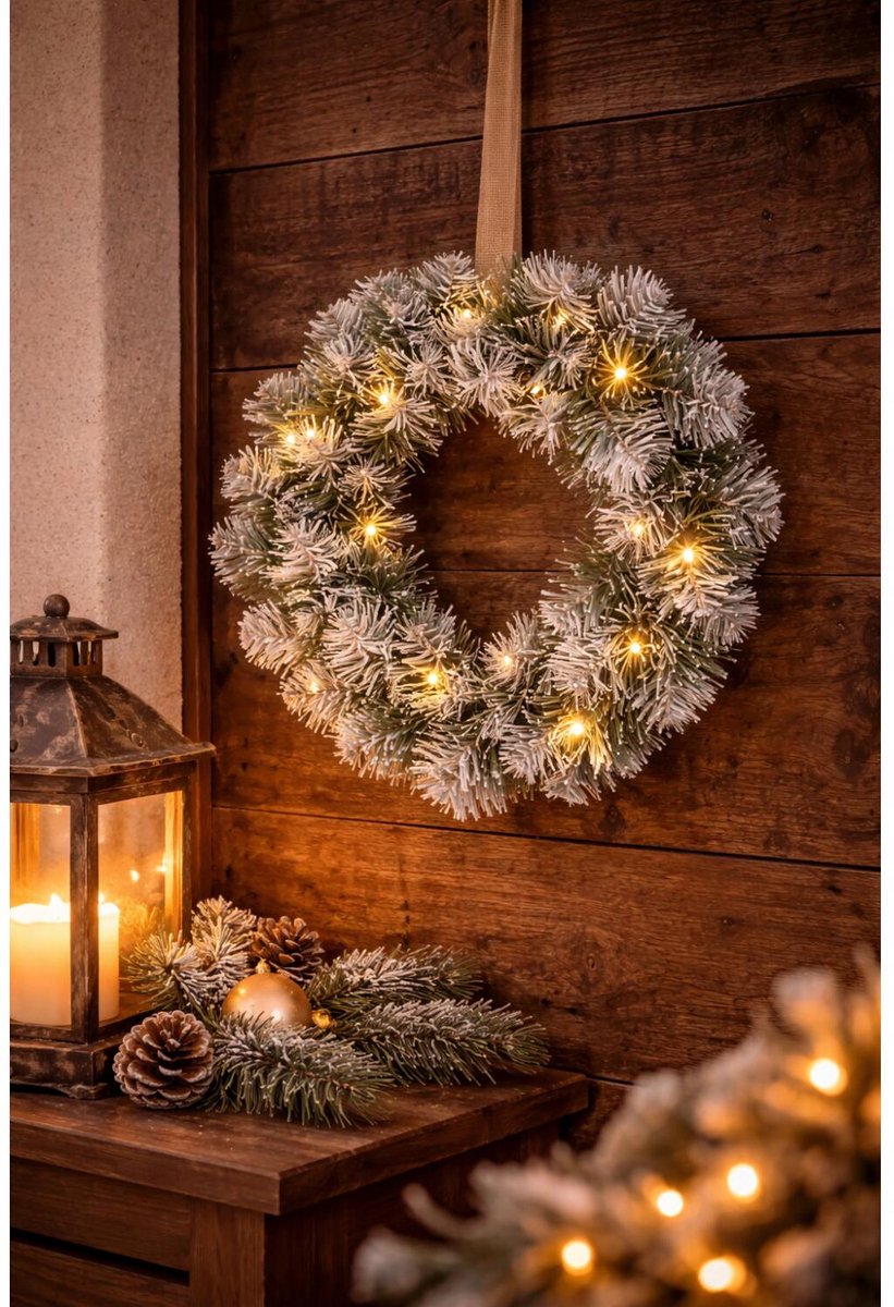 Black Box Kerstkrans - D35 cm - met LED verlichting - nepsneeuw - deurkrans - kransen – foto 4