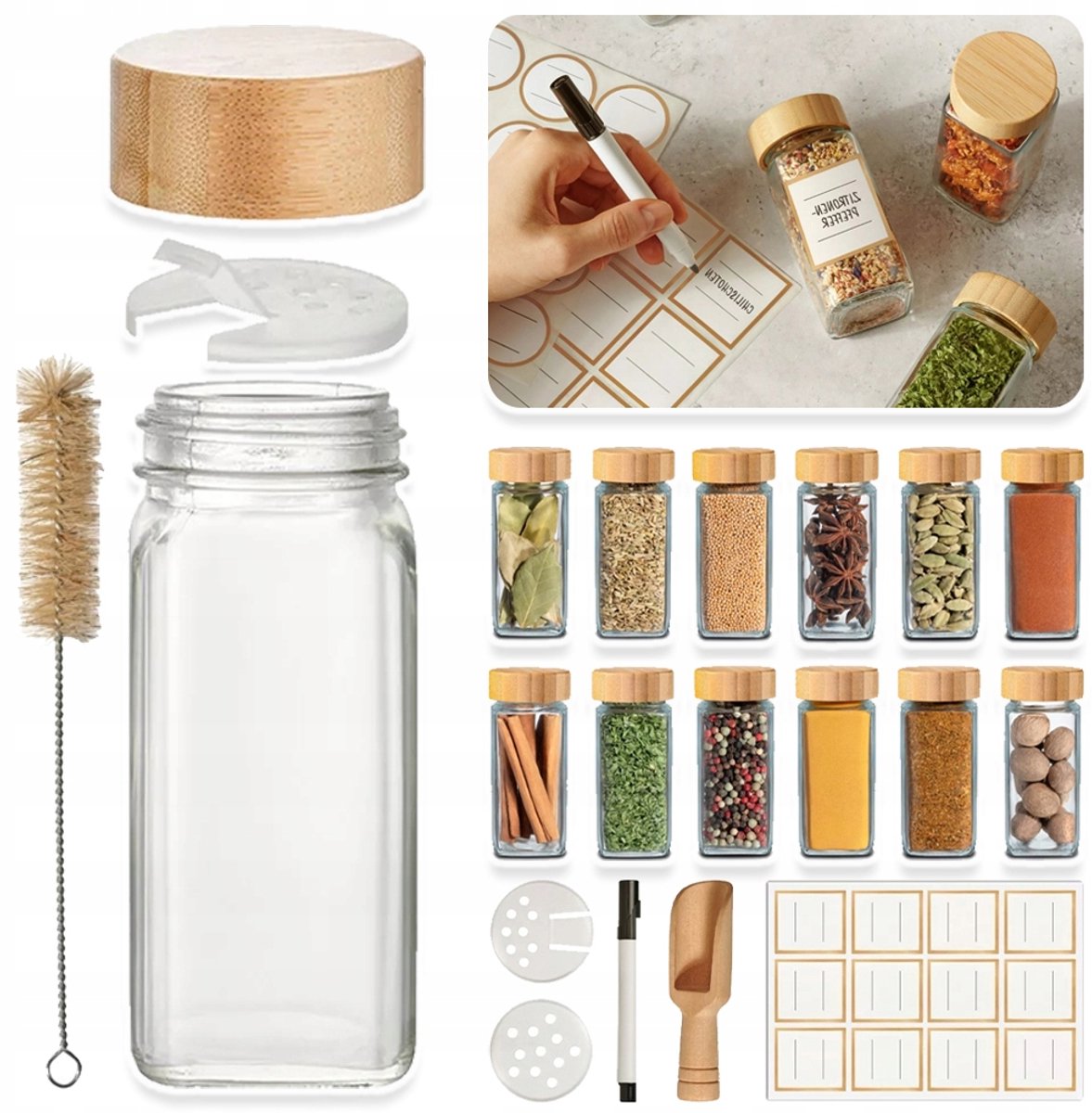 Kruidenpotjes Set van 12 - 120ml Glazen Specerijenpotjes met Draaidop 2 Strooimethoden - Luchtdicht Transparant Design - Inclusief Schoonmaakborstel Houten Lepel - Hoogwaardig Glas