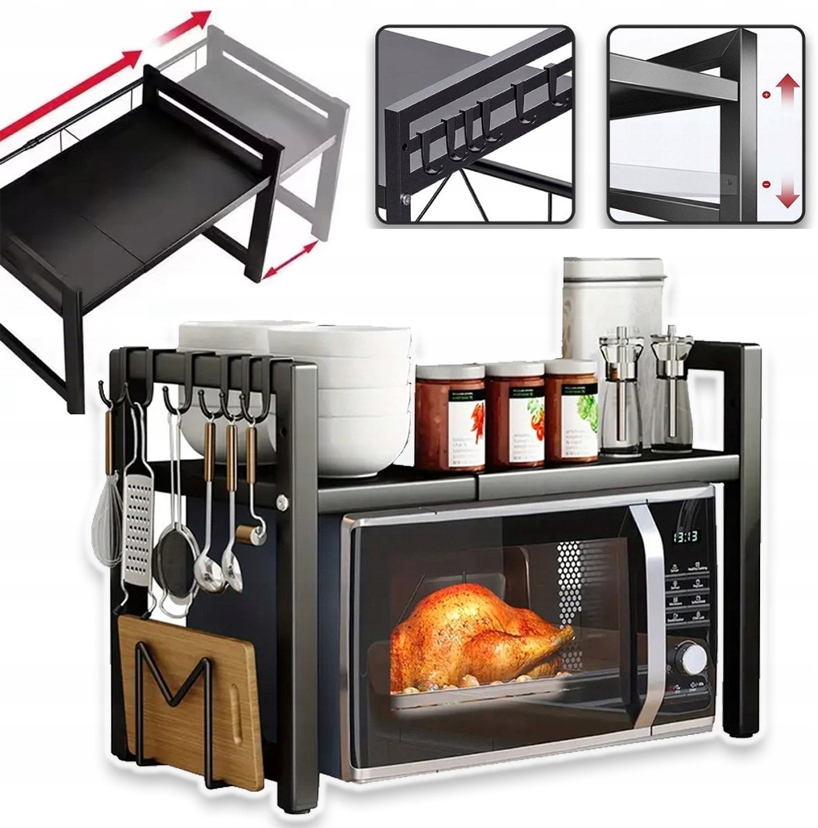 Uitschuifbaar Keukenrek Met 6 Afneembare Haken – Verstelbare Lengte 40-64 cm En Hoogte 32-42 cm – Draagvermogen 25 kg En Roestvrij Koolstofstaal – Voor Magnetron, Broodrooster En Koffiezetapparaat – Zwart