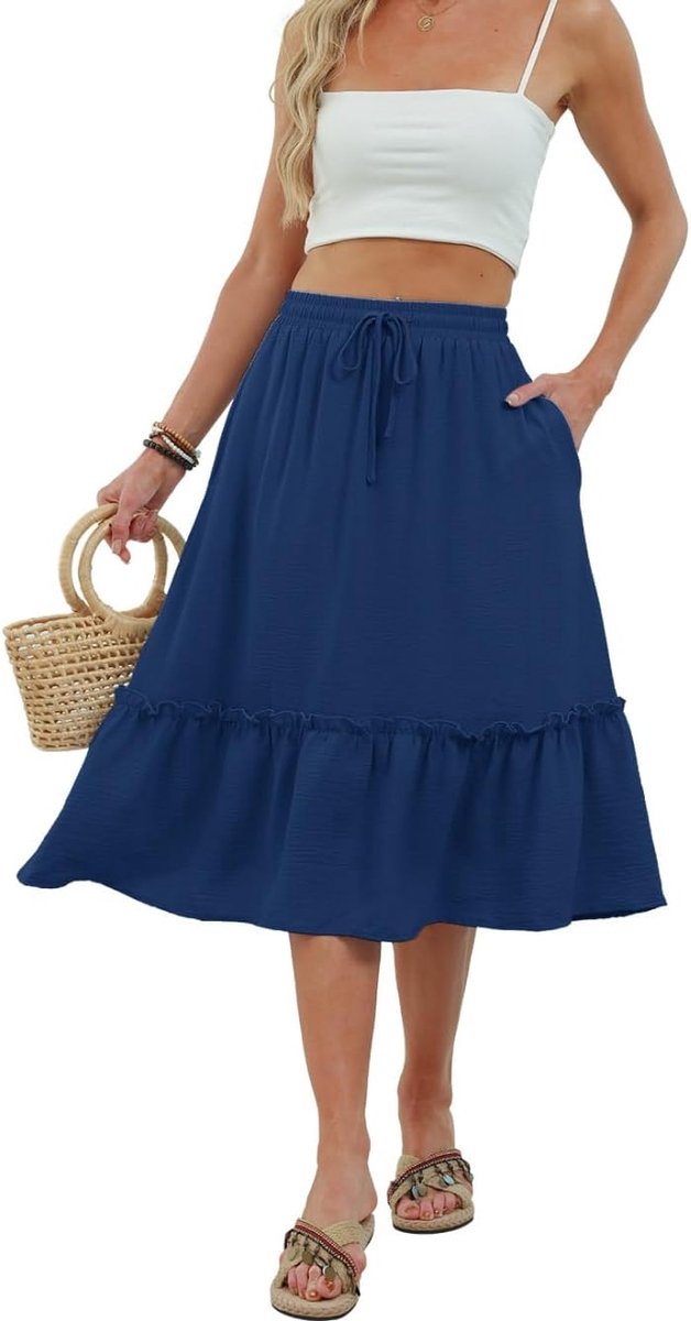 Zomerrok voor dames met hoge taille, midi-rok met zakken, geschikt voor dagelijks gebruik en vakantie