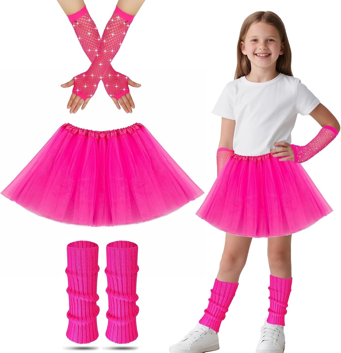 Kostuum jaren '80 voor kinderen, fantasiejurk voor kinderen, met beenbestuurders, rok, visnethandschoenen, neonjurk, fantasiejurk, kostuumaccessoires, themafeestset