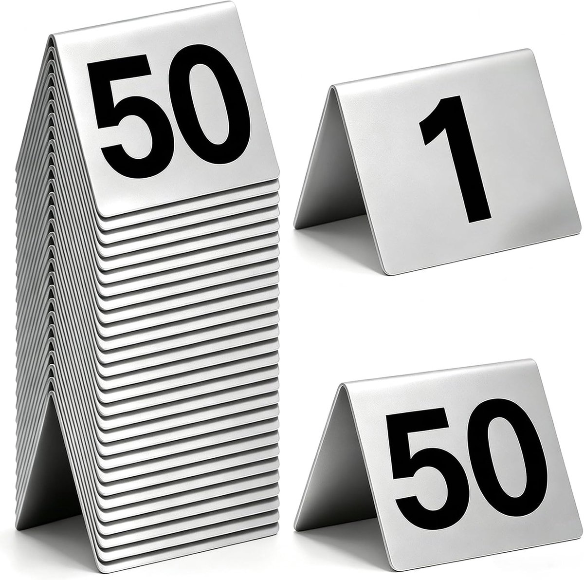 50 stuks roestvrijstalen tafelnummers 1-50, tafelnummers dubbelzijdig, 5 x 5 x 4,5 cm, tentstijl, tafelnummers, roestvrij staal, zitplan, tafelkaarten voor bruiloft, restaurant, hotel, café, bar