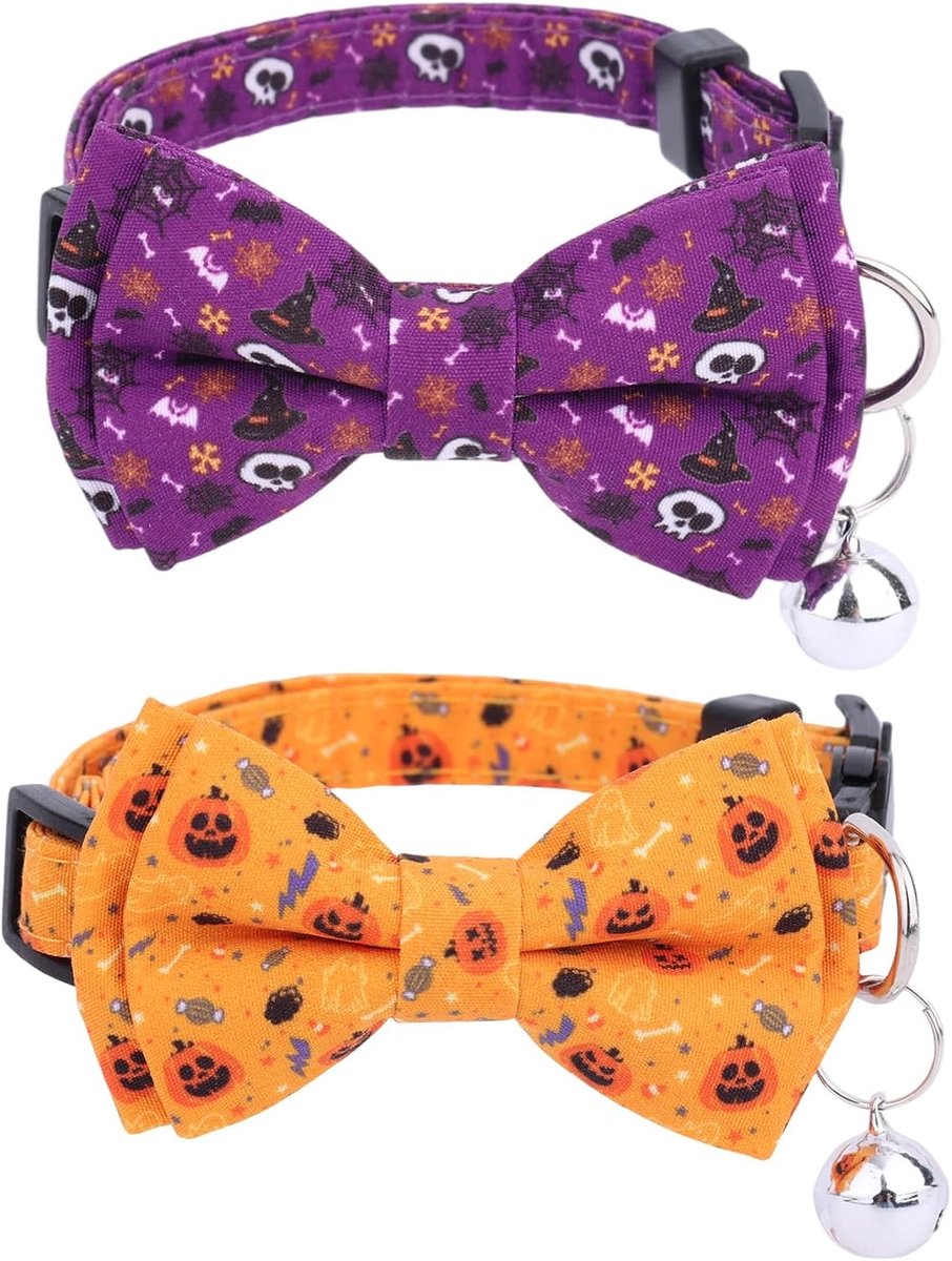 2st Halloween Kattenhalsband met Strik en Bel, Verstelbare Afbreekbare Kittenhalsband Griezelige Halloween Decoratie-Accessoires voor Katten en Kleine Puppy's (Stijl 1)