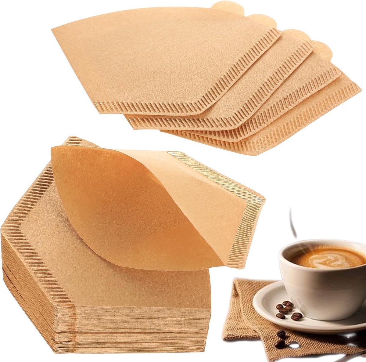 maat 4, ongebleekt en conisch, 100% biologisch afbreekbaar, compatibel met V60 druppelaars, handmatige filters en koffiezetapparaten, 8-12 kopjes, premium natuurlijk papier, 100 stuks