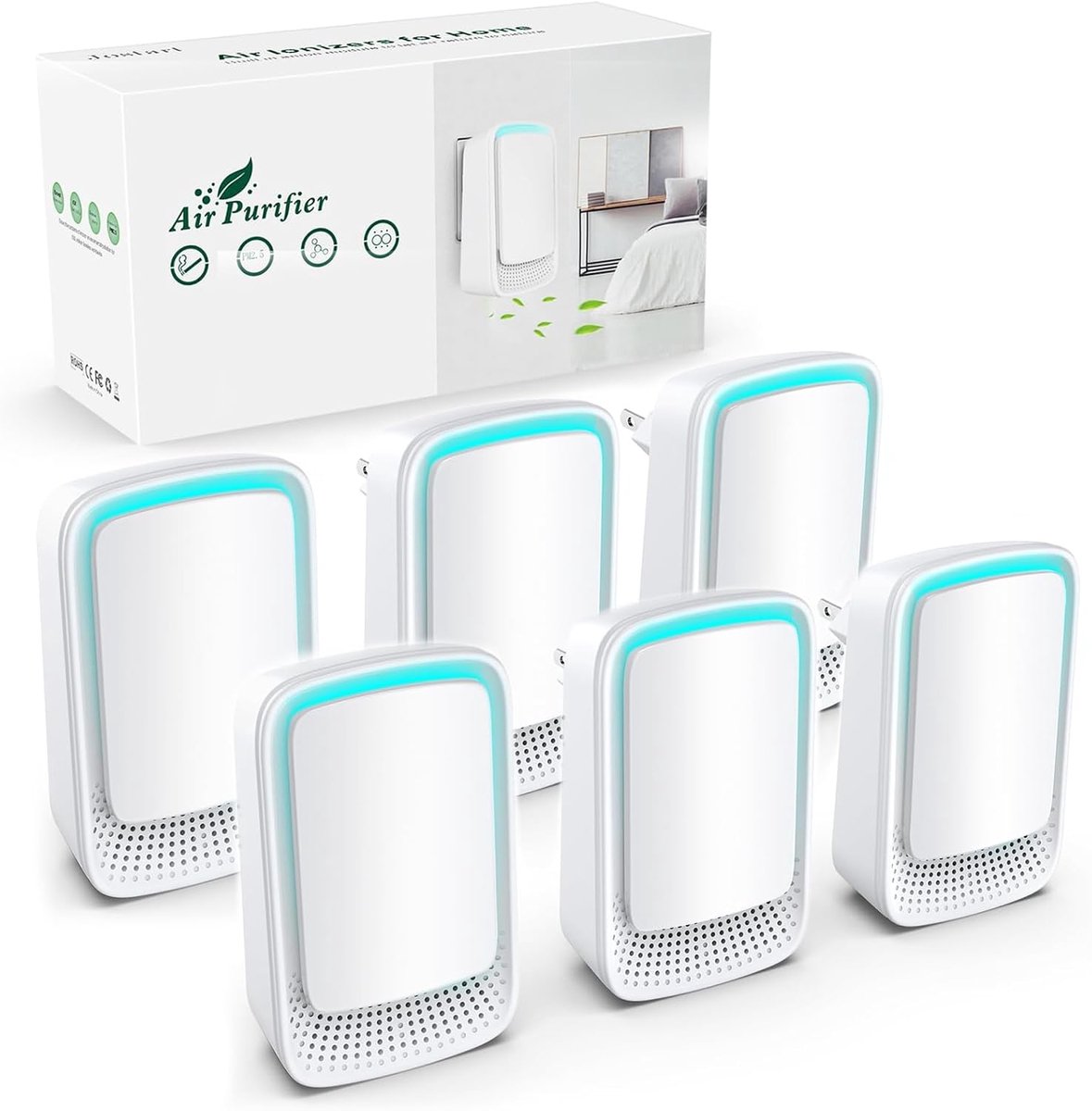 Ionisator luchtreiniger, 6 stuks plug-in negatieve ionen, luchtreiniger voor woning, rookkamer, huisdiertoiletten, kantoren en stof/pollen (wit)