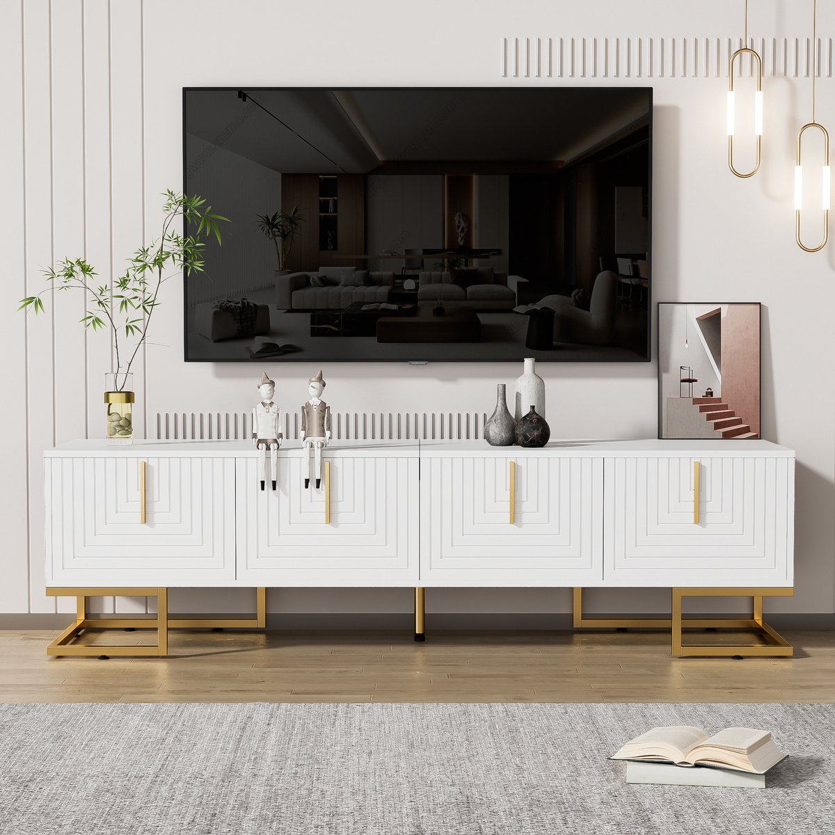 tv meubel met gestructureerde deuren en gouden accenten - Voor woonkamer - 170 cm breed - Wit en goud - 4 deuren met legplanken - Soft-close scharnieren - Verstelbare poten